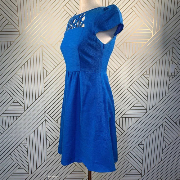 Anthropologie Maeve Aria Dress Fit & Flare Short Sleeve Cut Out Neck Blue Size 0 - Picture 5 of 10